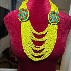 Vibrant Yellow Beaded Necklace with Red and Green Accents